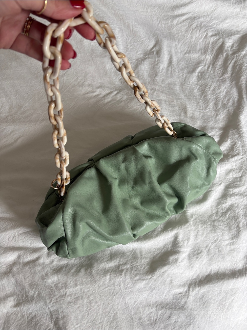 Women's Sage Green Gathered Shoulder Bag with Resin Chain